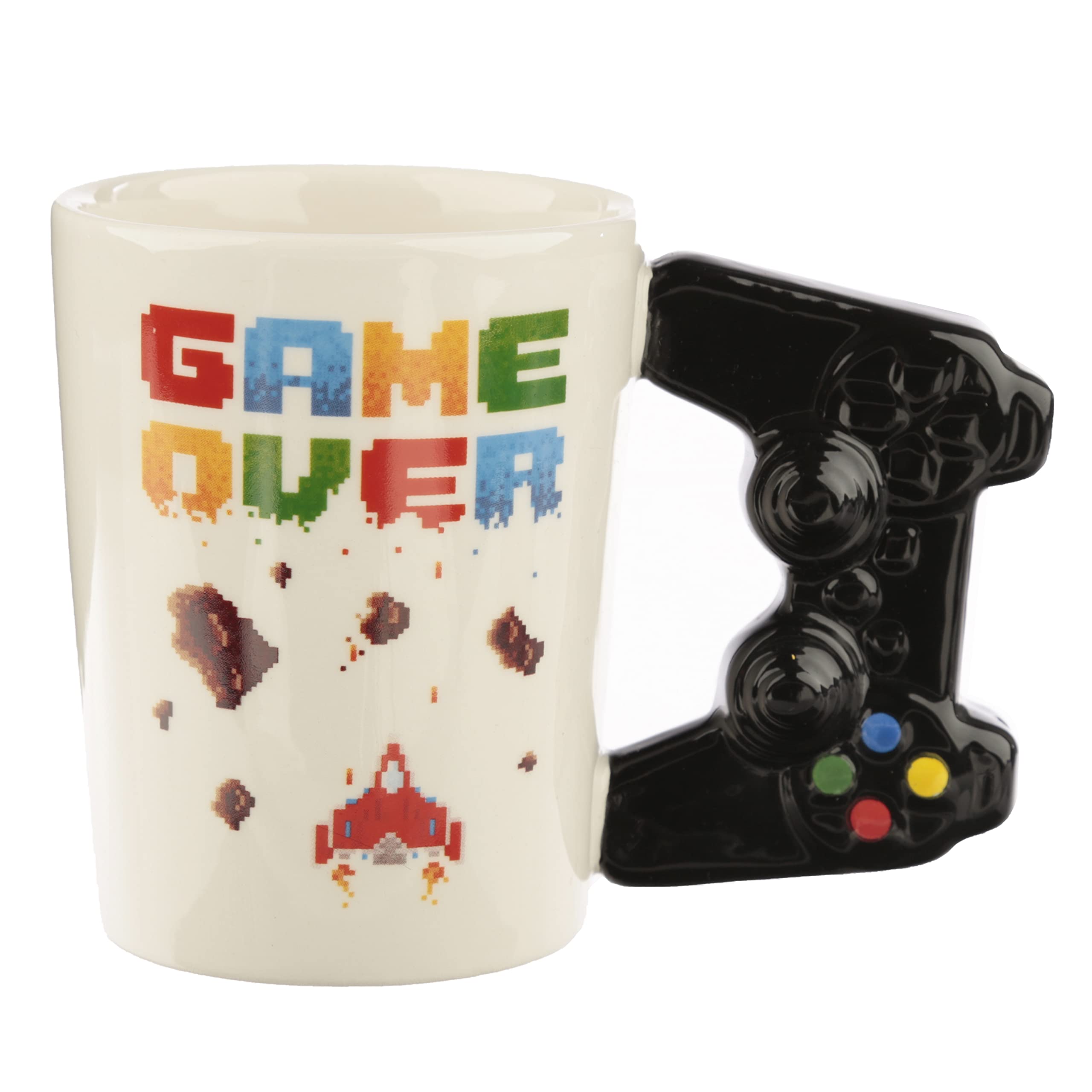 Puckator Game Over with Pixel Decal Ceramic Shaped Handle Tea Coffee Mug Funny Home Accessories Cute Gifts for Girlfriend Large Mugs for Men Women Hot Drinks Cups Presents Secret Santa Gift Set