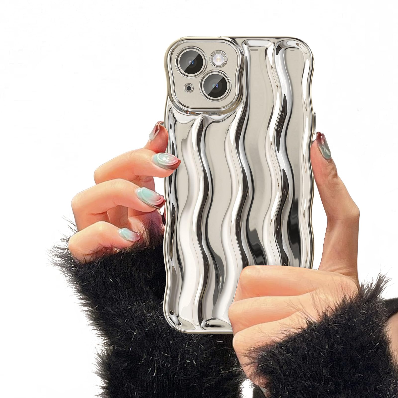 UEEBAI Water Ripple Pattern Curly Phone Case for iPhone 13 6.1 inch, Stylish Pretty Cute Wave Frame Soft Case 3D Protective Cover Shockproof Case for Women Girls Slim Case - Silver
