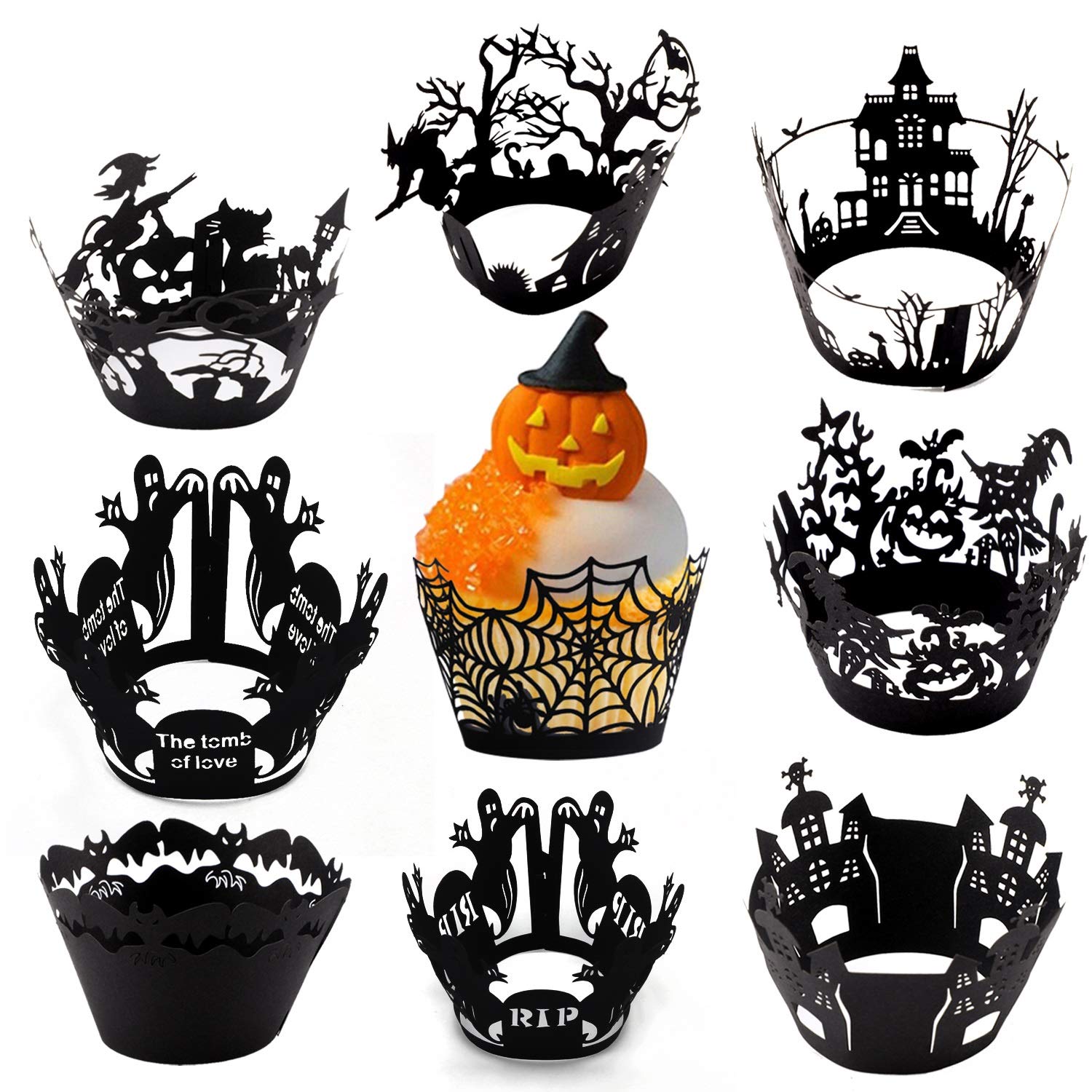 HOWAF 9 Style Halloween Cupcake Decorations Muffin Cupcake Wrappers Cases Laser Cut Include Bat Ghost Spider Web Witches Castle Pumpkin Tombstones for Halloween Mexican Birthday Party Supplies 36pcs