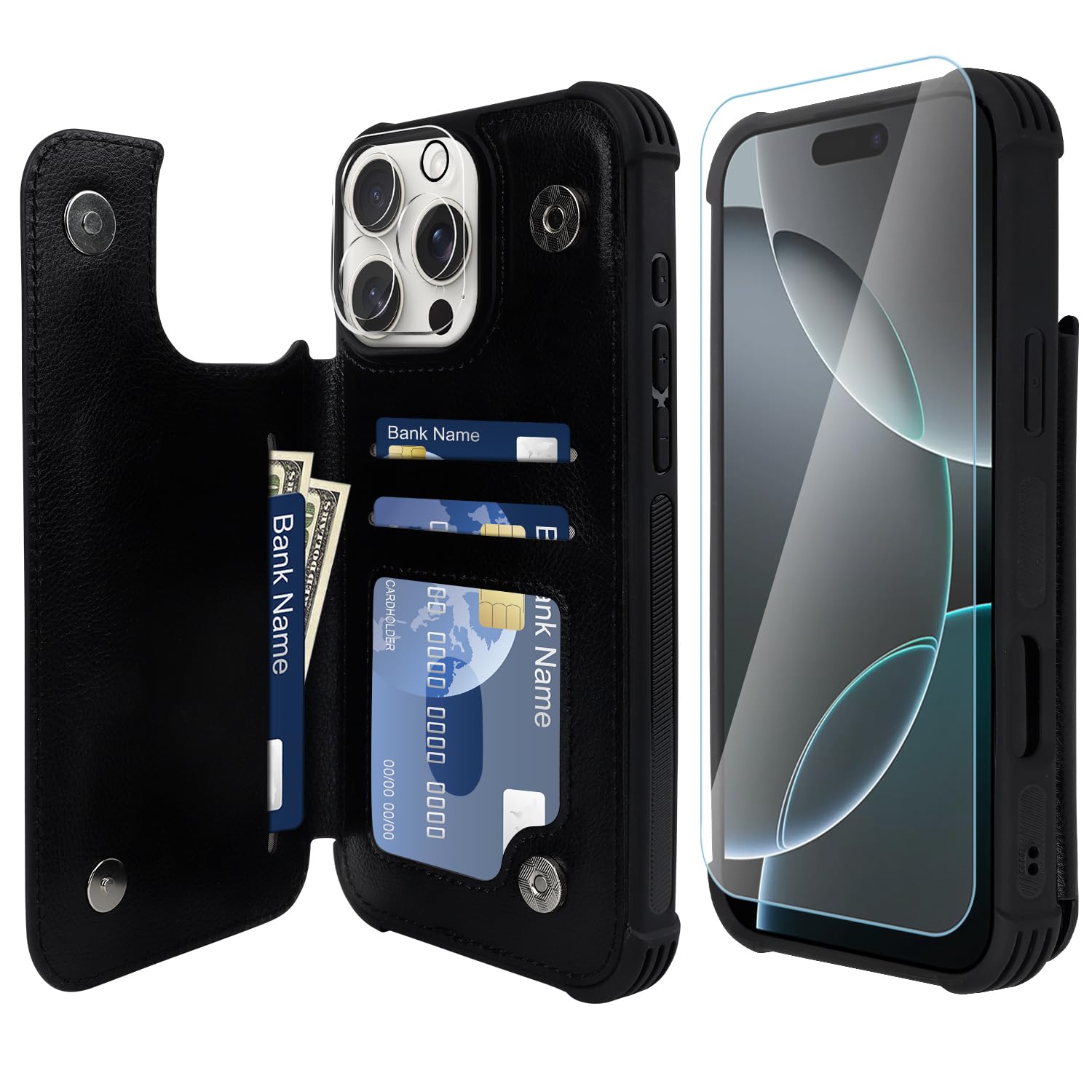 VANAVAGY Compatible for iPhone 16 Pro Max Wallet Casewith Credit Card Holder,Rfid Leather Flip Folio Phone Cover Fits Magnetic Car Mount and Stand with Screen Camera Protector,Black