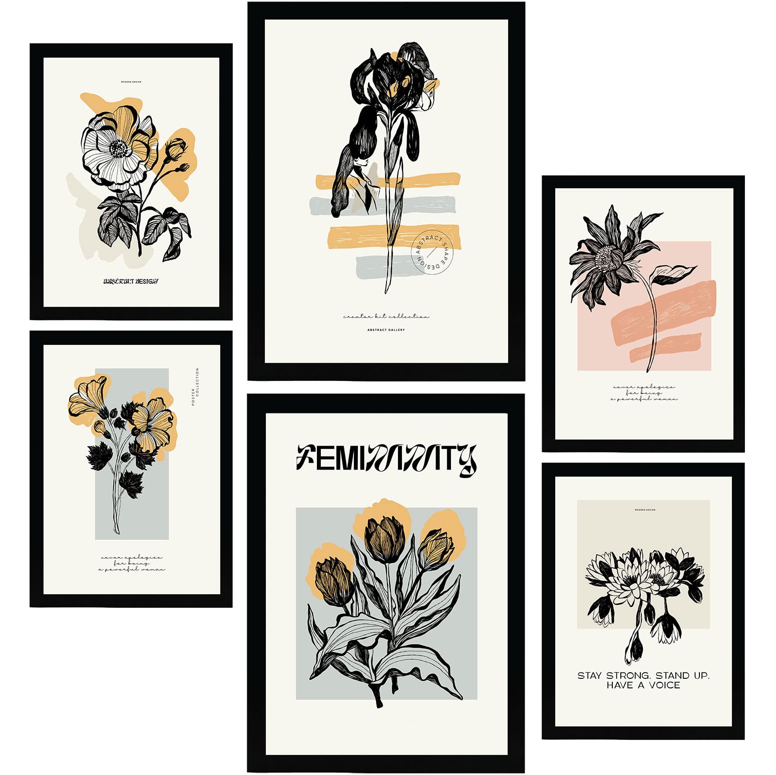 Nacnic Set of 6 Thick Black Ink Posters. Flowers. Artistic Sketch Aesthetic Wall Art Prints for Interior Design and Decoration. Sizes A3 & A4. Unframed.
