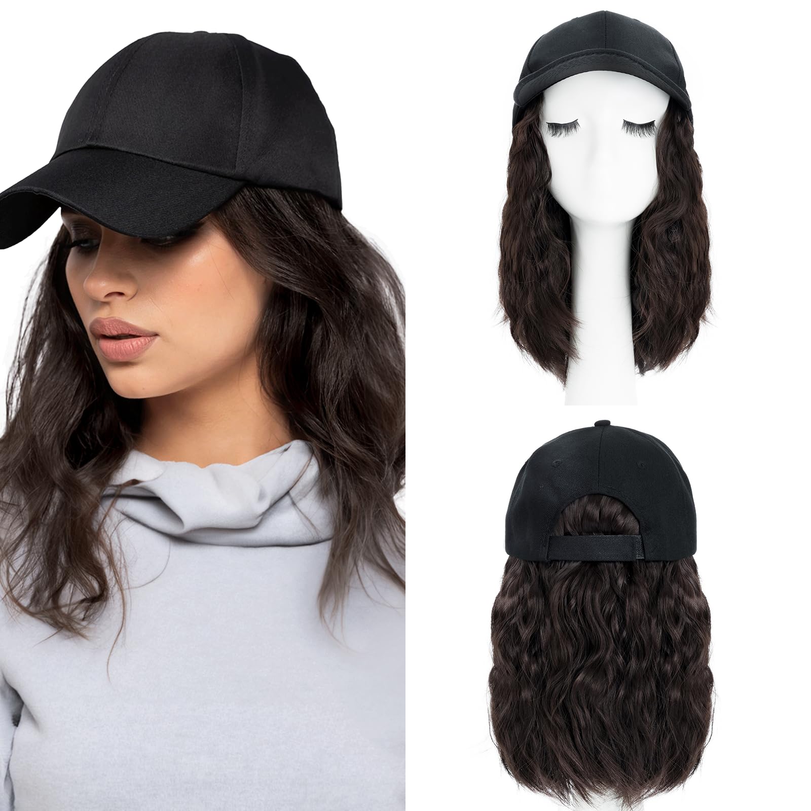 8 Inch Baseball Cap With Hair Extensions BOB Synthetic Hair With Attached Black Hat With One Piece Hair Extensions For Women - Medium Brown — image 1