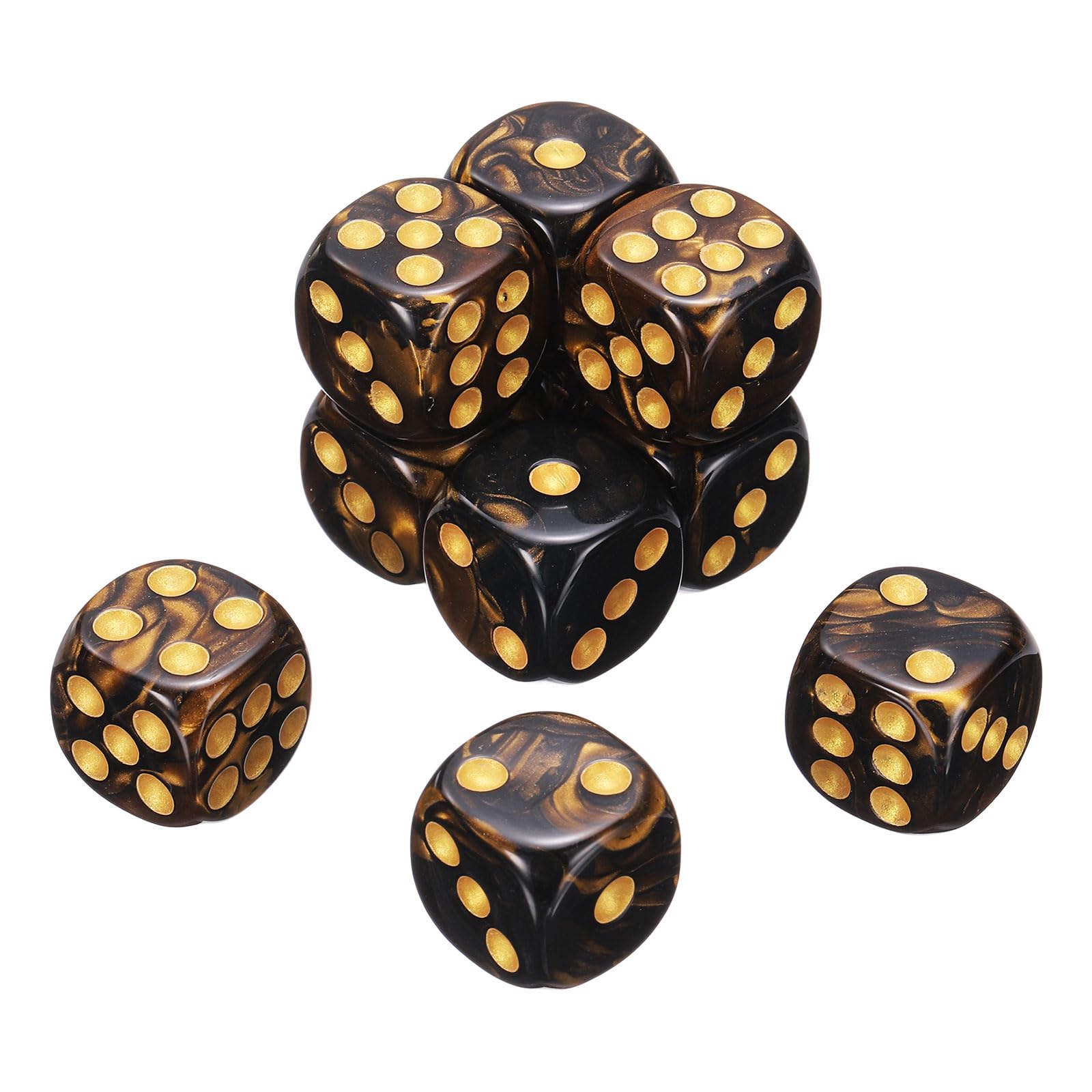 sourcing map 10Pcs 6 Sided Colored Standard Dice, 16mm Acrylic D6 Mini Polyhedral Pearl Pattern Two Tone Colors Game Dice Set for Table Games, Black/Gold, Gold Point