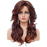 Rugelyss Vintage Wigs Dark Brown Rednish Maroon Wig for Women Lady Natural Synthetic Full Wigs for 70s Cosplay Costume Disco Hair Wig
