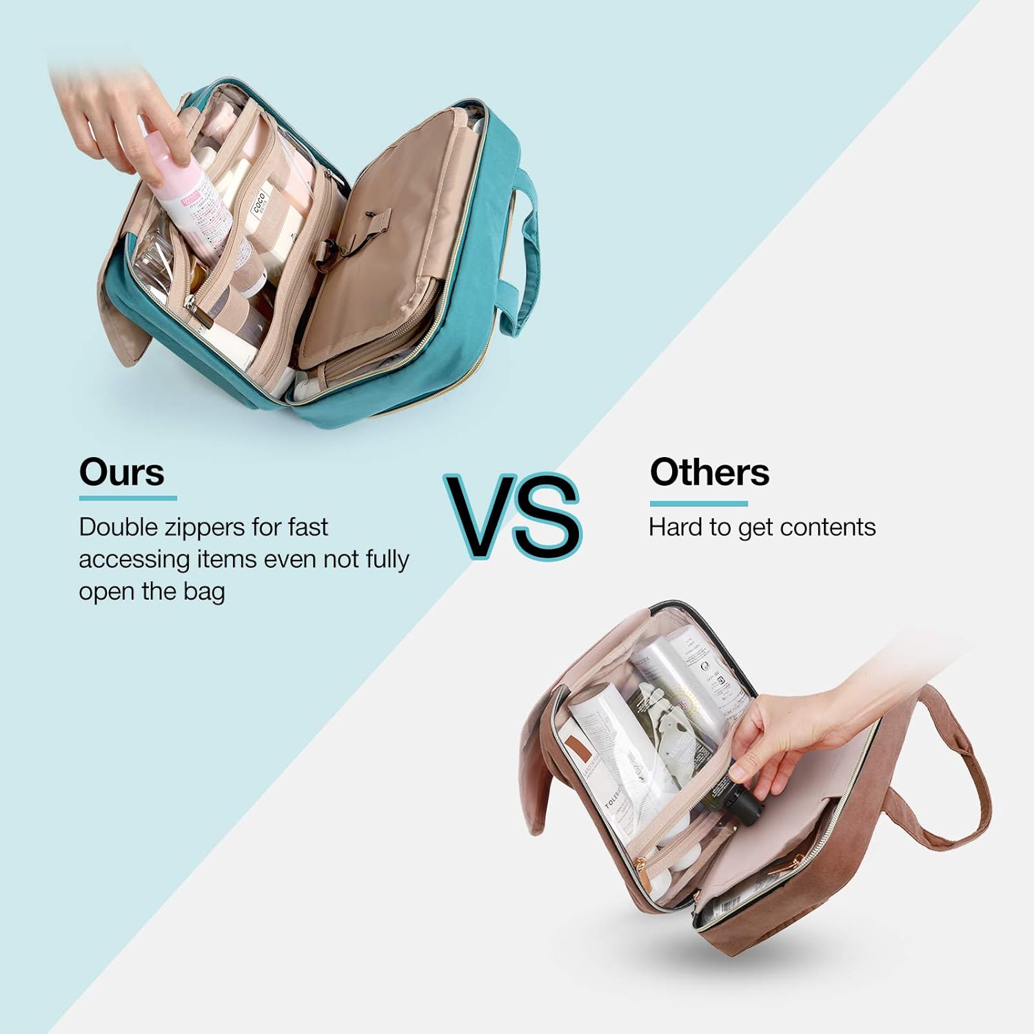 BAGSMART Toiletry Bag Hanging Travel Makeup Organizer with TSA Approved Transparent Cosmetic Bag Makeup Bag for Full Sized Toiletries, Medium-Teal