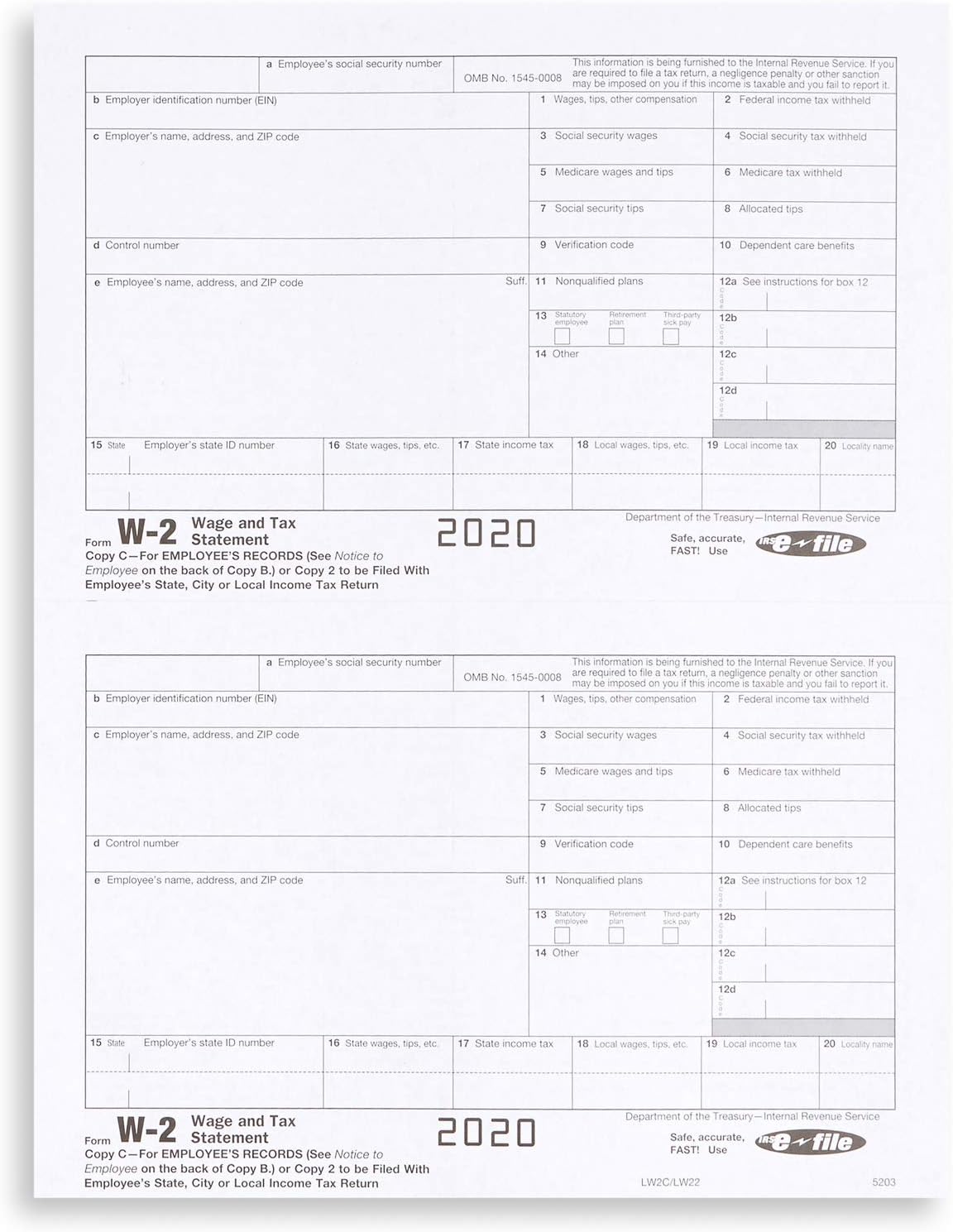 W2 Forms 2020, 4 Part Tax Forms, 25 Employee Kit of Laser Forms, Compatible with QuickBooks and Accounting Software, 25 Self Seal Envelopes Included : Office Products