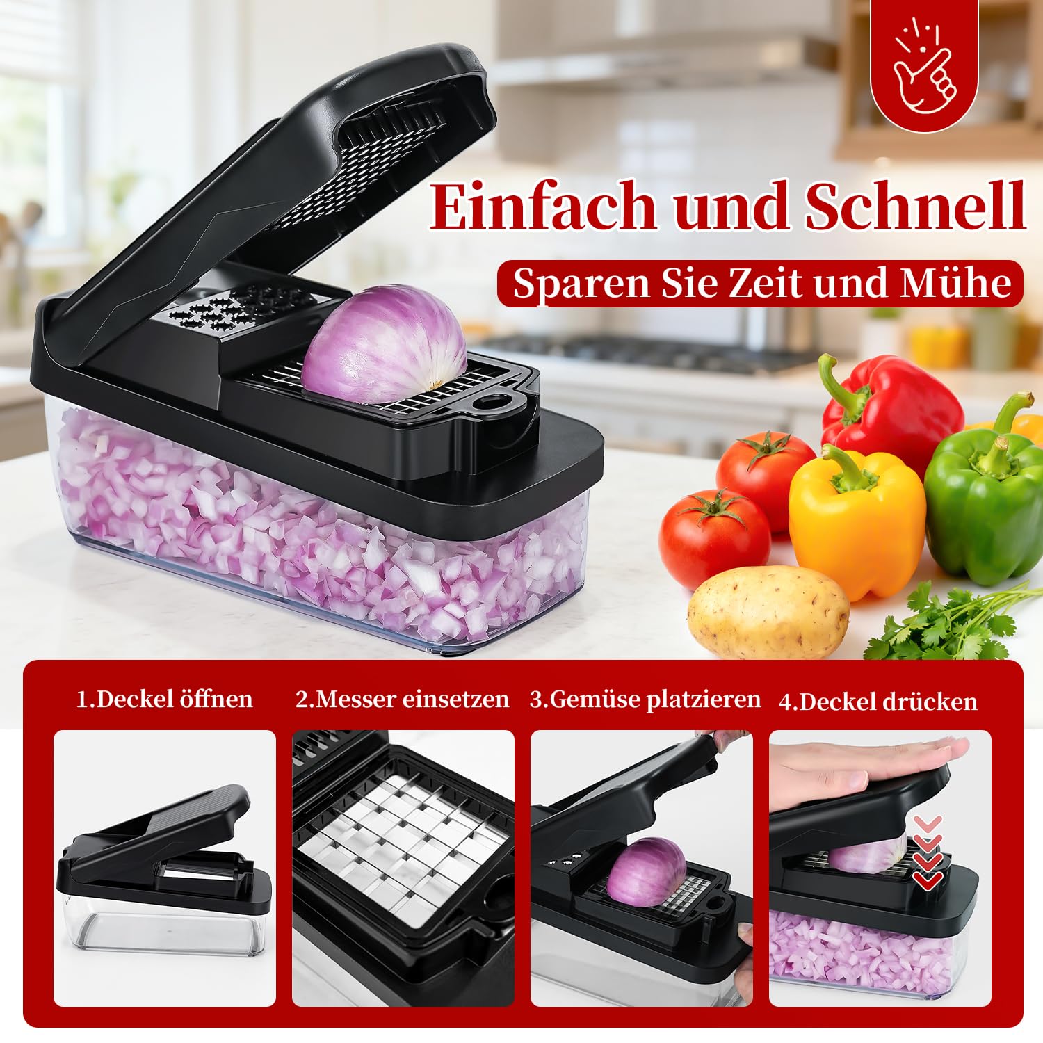 Gemüseschneider, Gemüsehobel Mandoline Gemüsehobel Salatschneider Gurkenhobel Multi Zerkleinerer, Kartoffelschneider Zwiebelschneider Vegetable Chopper Cutter Dicer.Schwarz 5