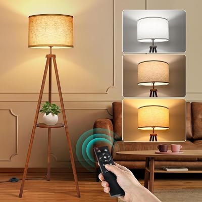 OUTON Solid Wood Tripod Floor Lamp with Shelf Walnut Base Linen Shade
