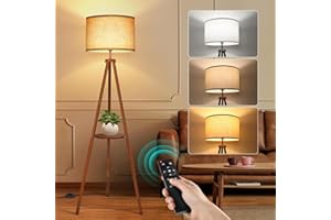 OUTON Wood Tripod Floor Lamp with Shelves, Mid Century LED Modern Dimmable Floor Lamp with Remote Control, Sturdy Tall Standing Lamp with Beige Linen Texture Shade for Living Room, Bedroom, Office