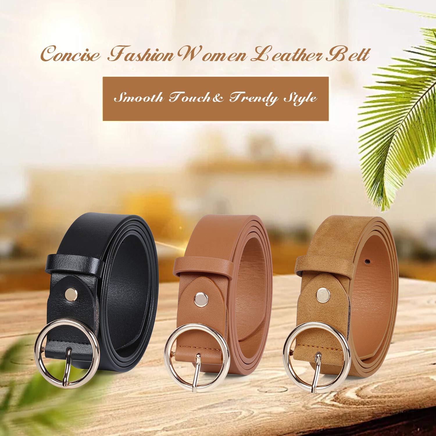 Ladies Leather O Ring Belt for Jeans Dress with Golden Round Buckle(Suit for waist size 36-40 Inches, black)