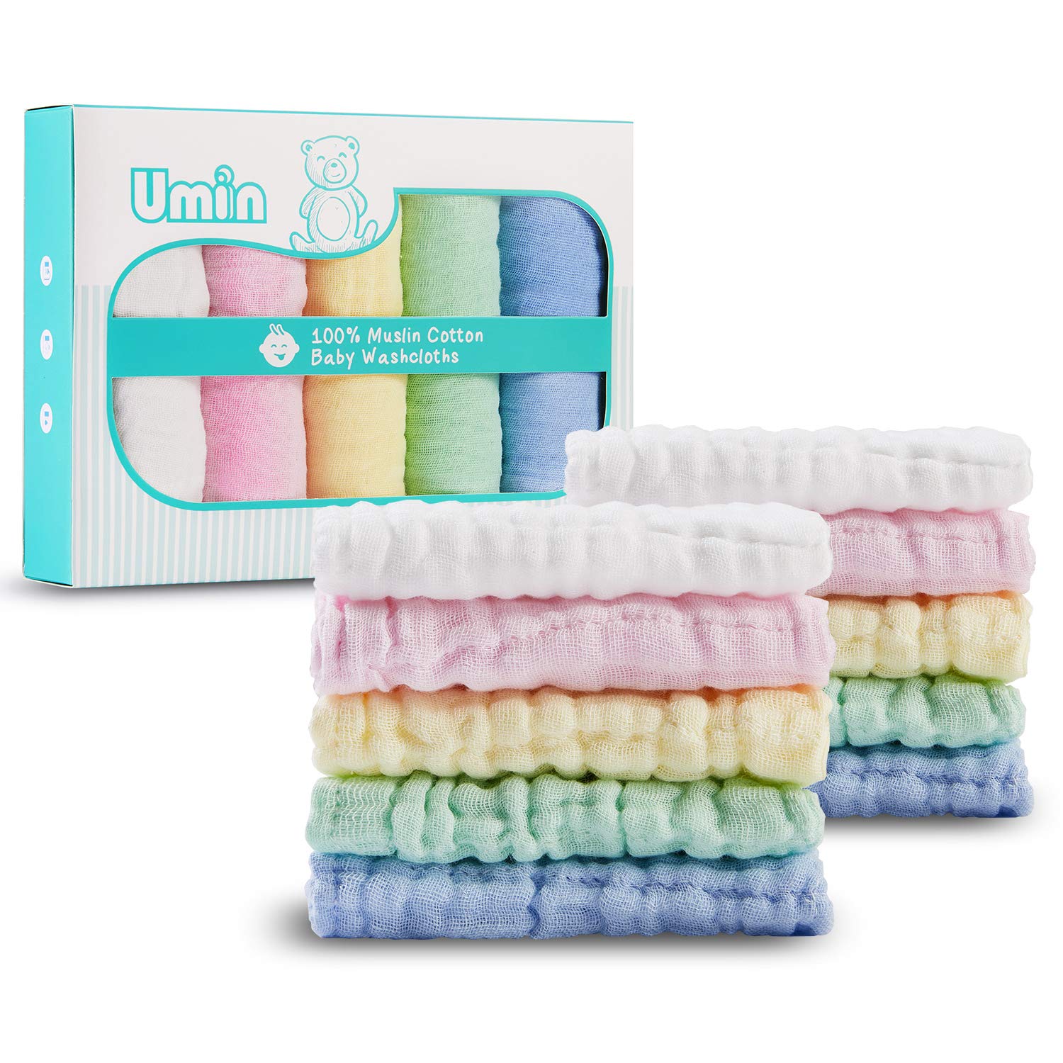 Umiin Baby Washcloths Set of 10, Soft Natural Cotton Muslin Squares Baby Muslin Cloths Baby Wash Cloth, 30 x 30 cm
