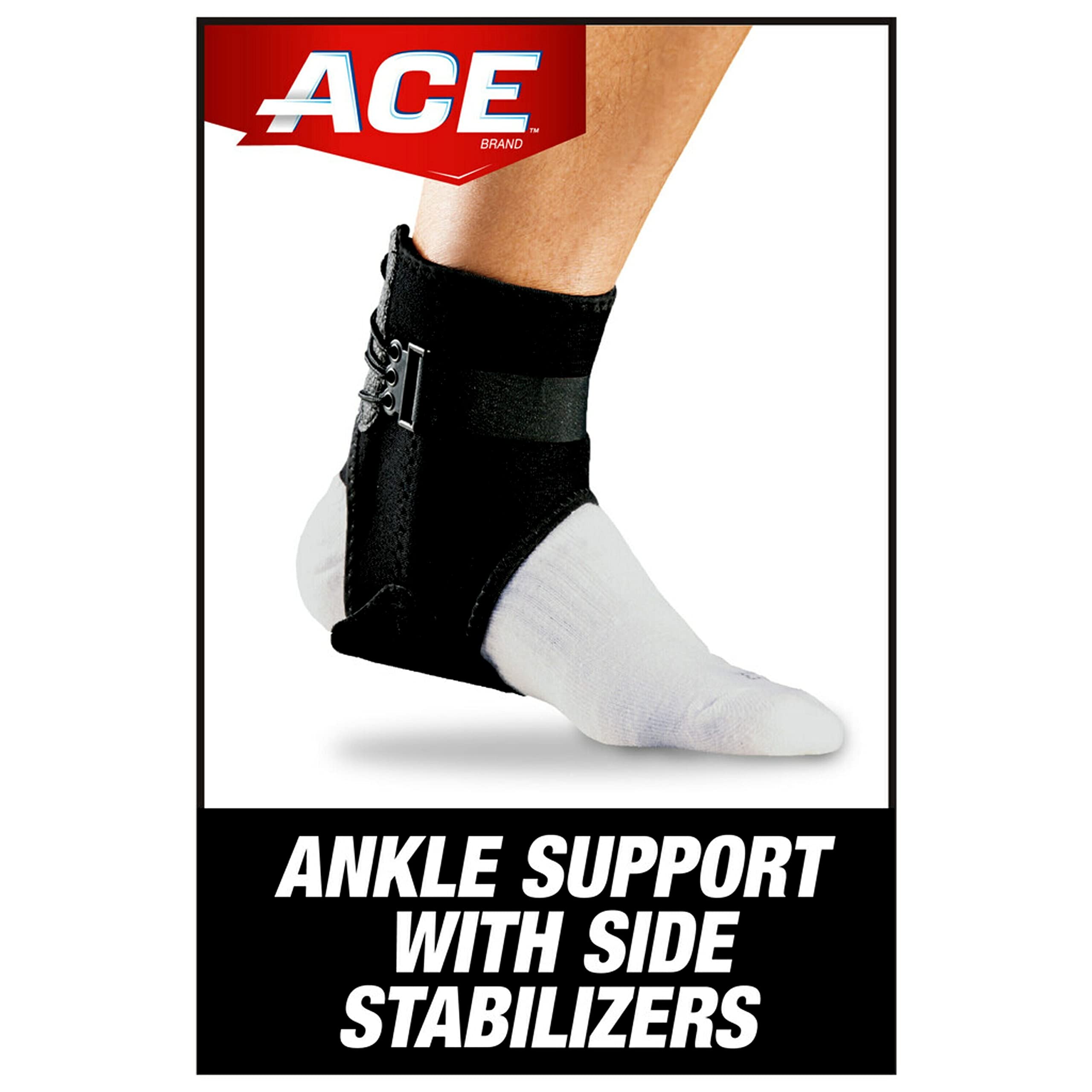 ACE Ankle Brace with Side Stabilizers, Adjustable, Black, 1/Pack
