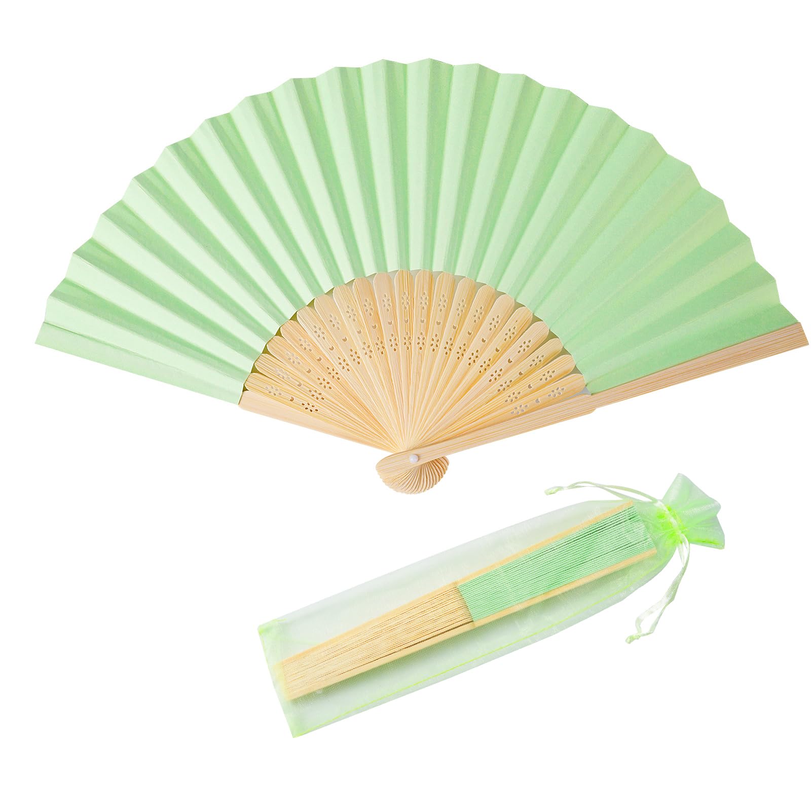 Photo 1 of SL crafts 50pcs Paper Hand Fan with Organza Bags Bamboo Handheld Folding Fan DIY Decorative Wedding Party Favors (Light Green)
