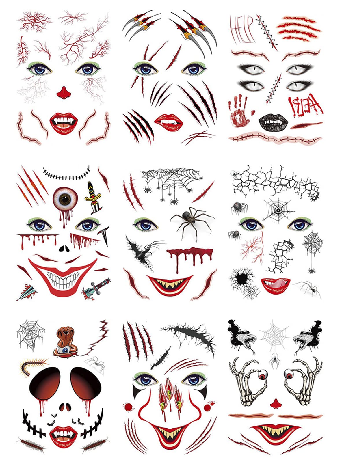 Nirbffo Halloween Face Temporary Tattoos Blade Eyeball Zombie Scars 3D Wounds Tattoos Bloody Face sticker Makeup Bleeding Fake Stickers Tattoo for Halloween Cosplay Party 9 Sheets