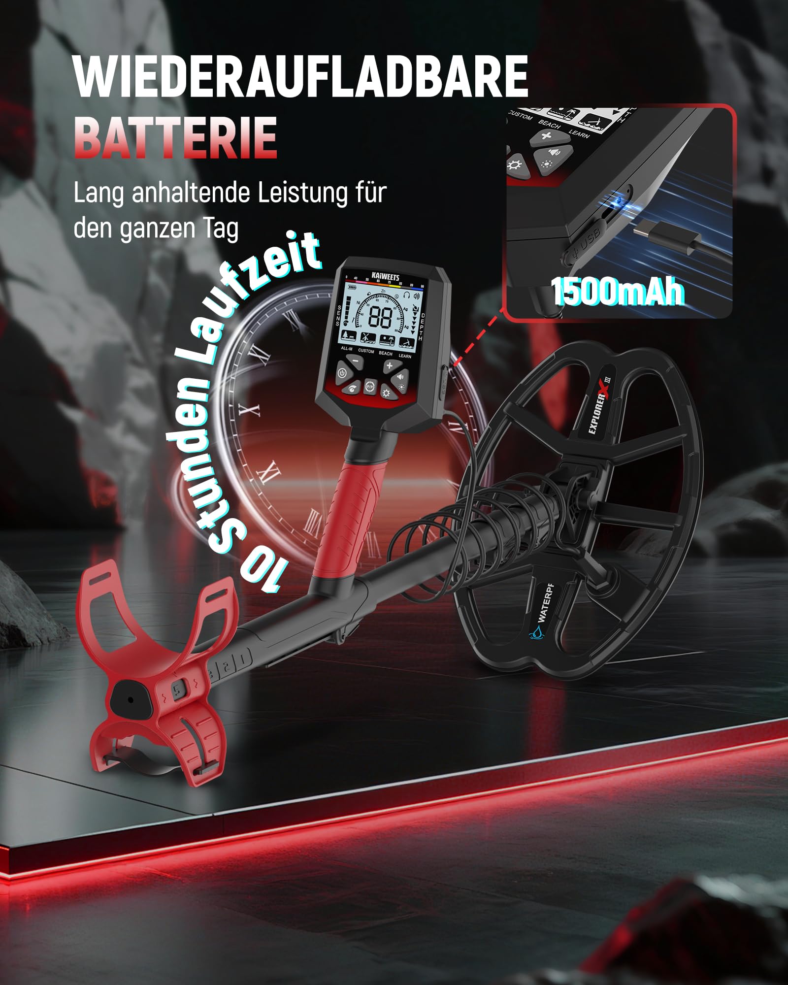 KAIWEETS Metalldetektor Profi, wasserdichte Doppel-D-Spule, 5 Modi Goldsuchgerät mit Upgrade Teleskopstange, Wiederaufladbarer Akku, Pinpointer, Verbesserter Grabungsmesser, Regenabdeckung (Rot) 4