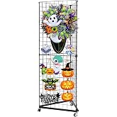 PVNIEFC Triangular Gridwall Panel Display Stand, 3-Sided Grid Tower with Base and Casters, 2'x5.5' Floorstanding Wire Grid Rack, Black