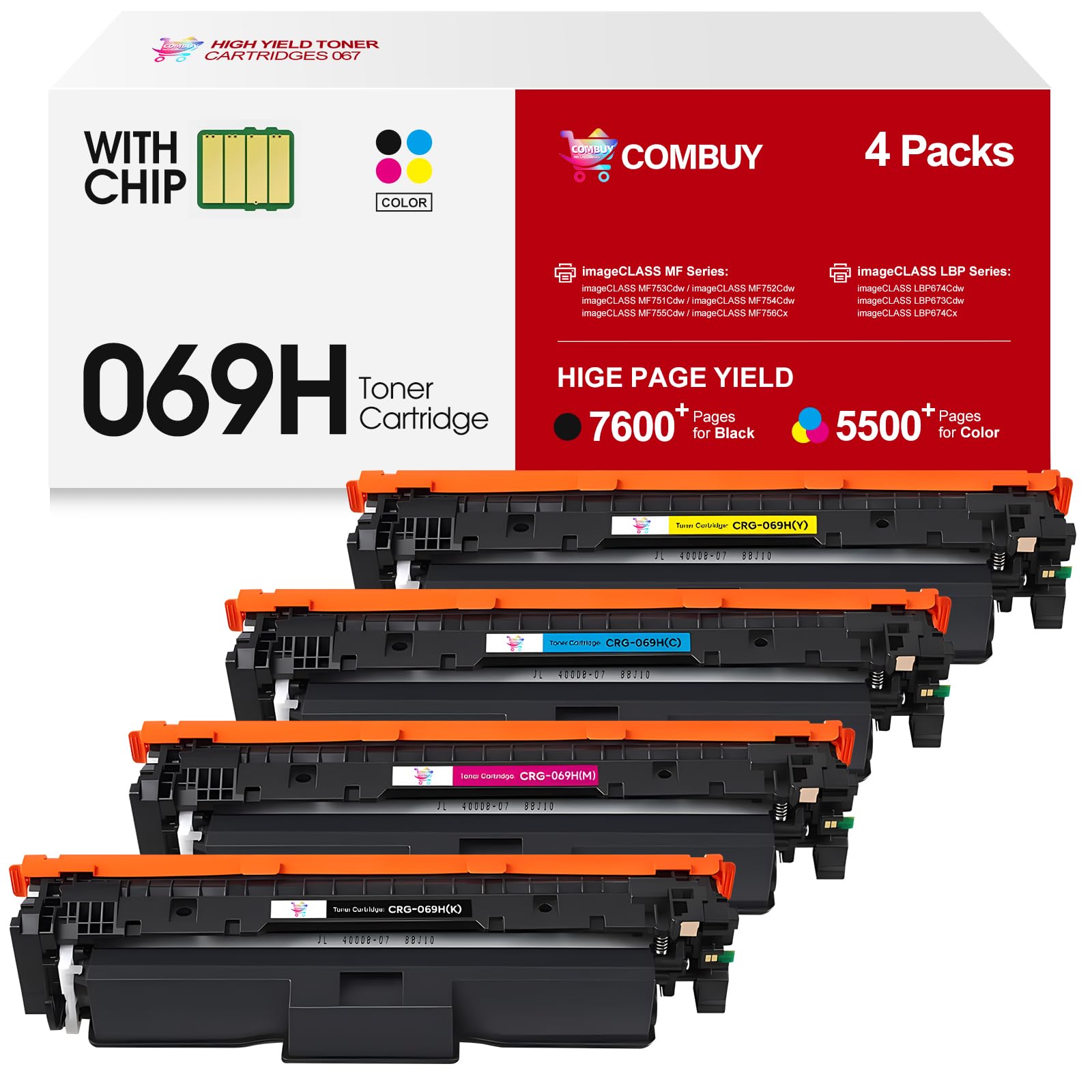 Photo 1 of 069H Toner Cartridge Set 4 Pack High Yield Replacement for Canon 069 069H Toner Cartridge Works for Canon Color imageCLASS MF753cdw MF751Cdw LBP674Cdw MF752Cdw LBP673Cdw Printer (B/C/M/Y)