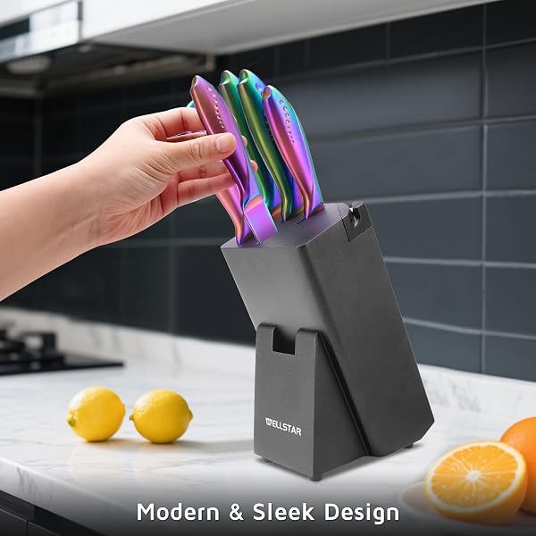 WELLSTAR RAINBOW KNIFE SET 8 PIECES, IRIDESCENT GERMAN STAINLESS STEEL KITCHEN KNIVES SET WITH WOODEN BLOCK, COLORFUL TITANIUM COATING, CHEF’S KNIFE BLOCK SET WITH SCISSORS AND BUILT-IN SHARPENER