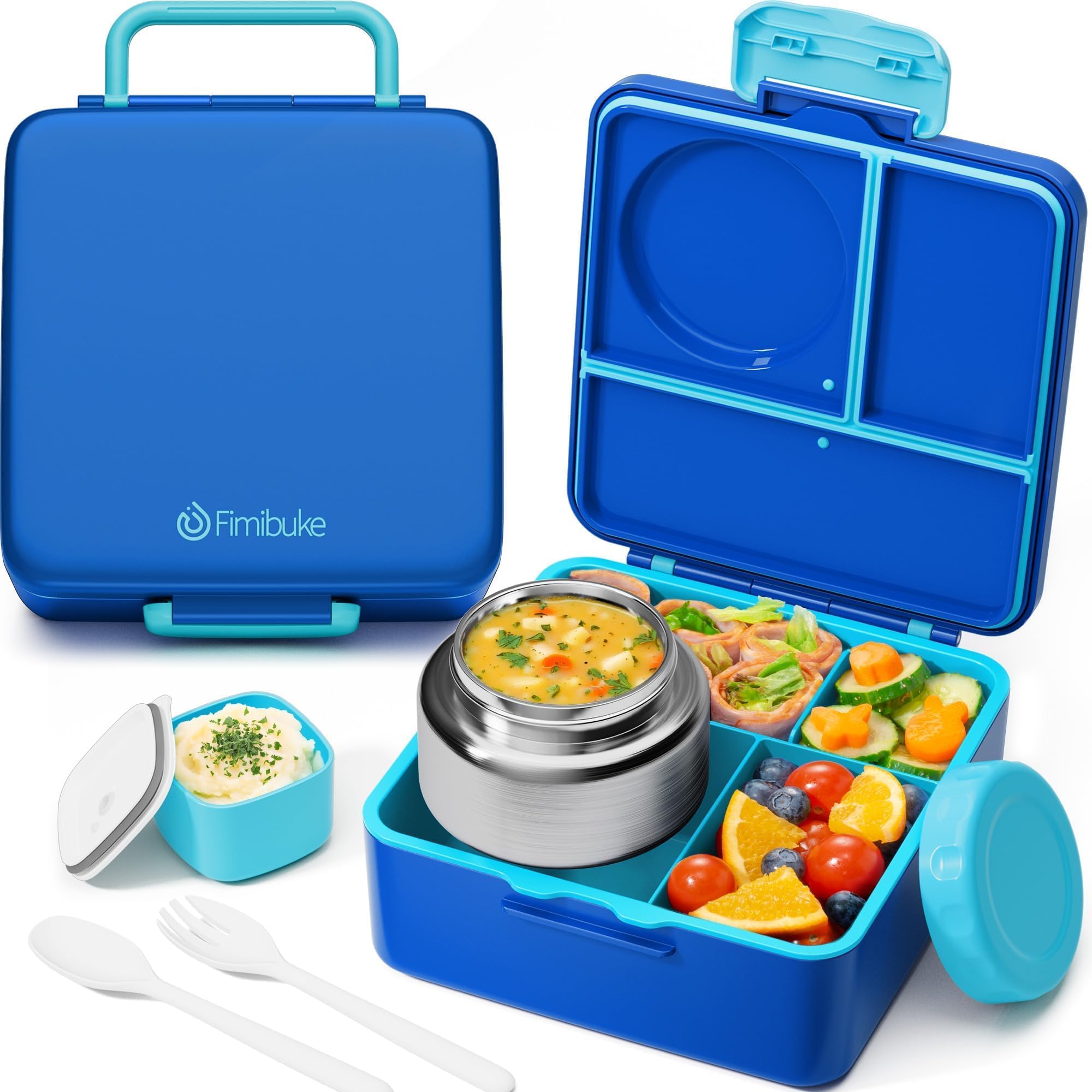 Photo 1 of Fimibuke Bento Box for Kids Adult with Thermos, 3-4 Compartment 60OZ Toddler Lunch Box Container with Leakproof 8OZ Insulated Food Jar, Sauce Jar, Utensil for School Boy Girl, BPA-Free Dishwasher Safe