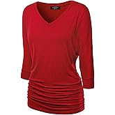Made By Johnny Women's Casual Boat Neck and V-Neck 3/4 Sleeve Draped Dolman Top with Side Shirring Premium Shirt