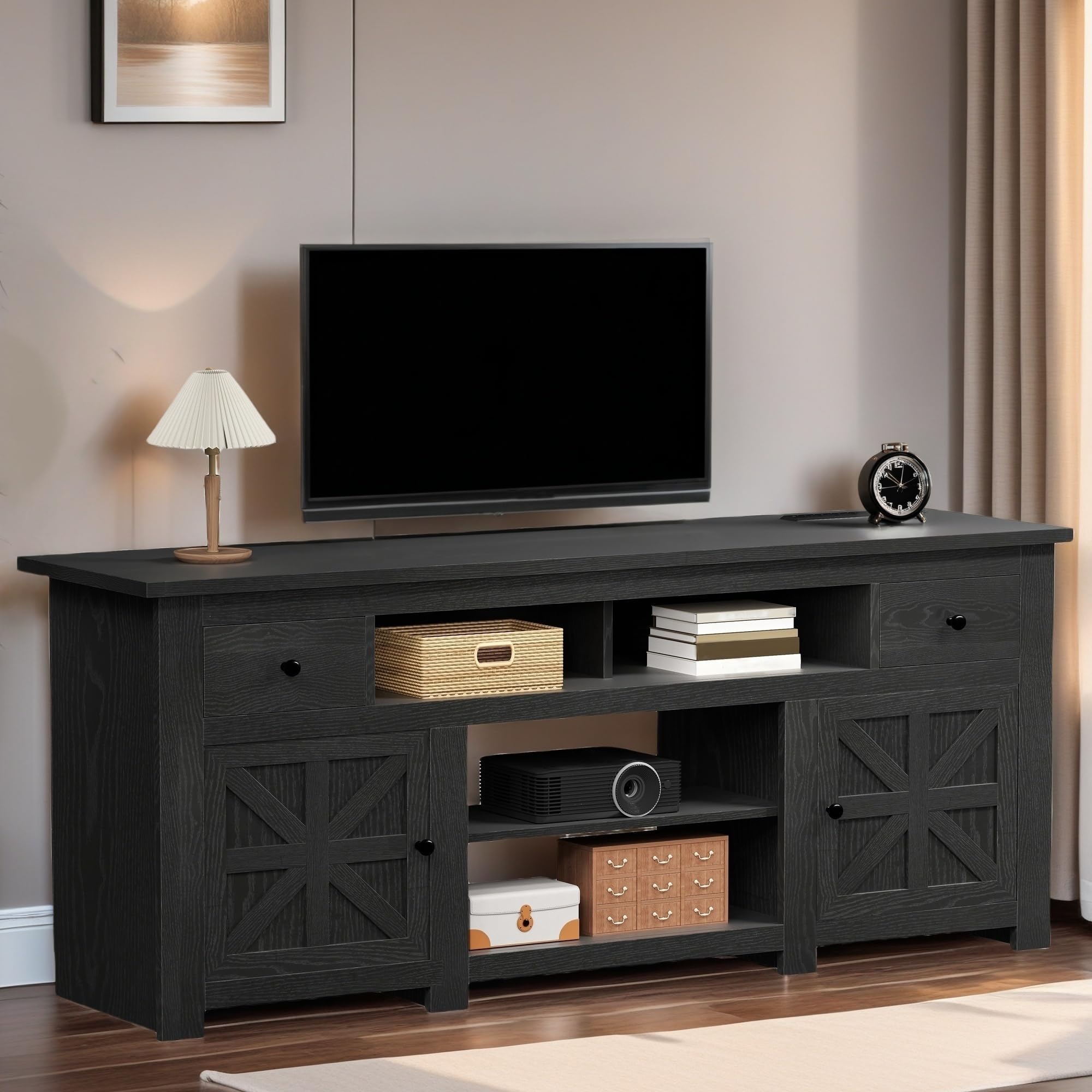 Photo 1 of ** UNTESTED C*** DWVO Farmhouse TV Stand for 75/80 Inch TV, Entertainment Center, TV Table with Storage Cabinets, Drawers and Power Outlet, TV Stands for Living Room, Black