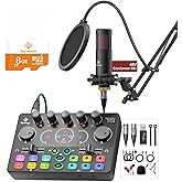 Podcast Equipment Bundle, Mixer with 48V XLR Condenser Microphone, TF card,5RGB,Surround Sound,Suitable for Streaming/TikTok/YouTube, Compatible with Mobile Phones, PC,Camera RS2
