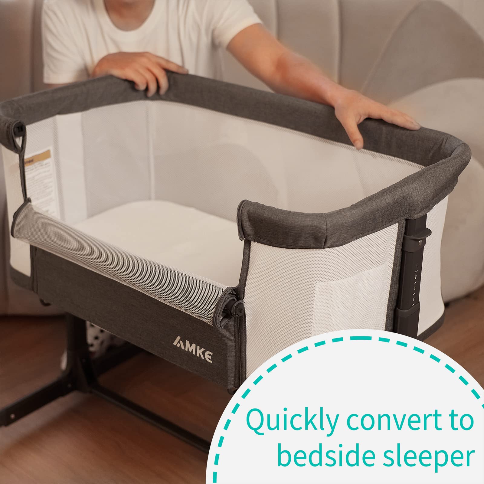 AMKE Baby Bassinets,All mesh Crib Portable for Safe Co-Sleeping,Adjustable Bedside Sleeper,Baby Bed for Infant Newborn