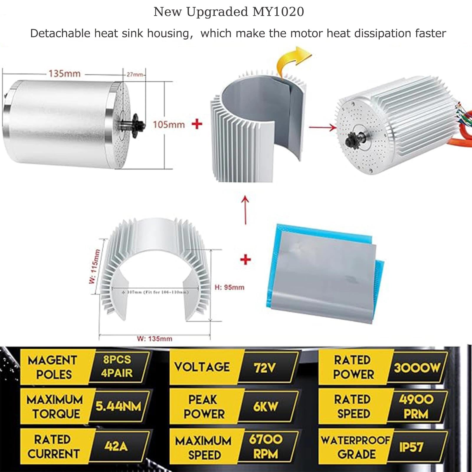 Electric DC Motor 72V 3000W Motor Kit with 48V-72V Brushless Controller and Half Twist Throttle for Go-Carts Programmable Brushless Controller with Temperature Sensing Function (72V 3000W)