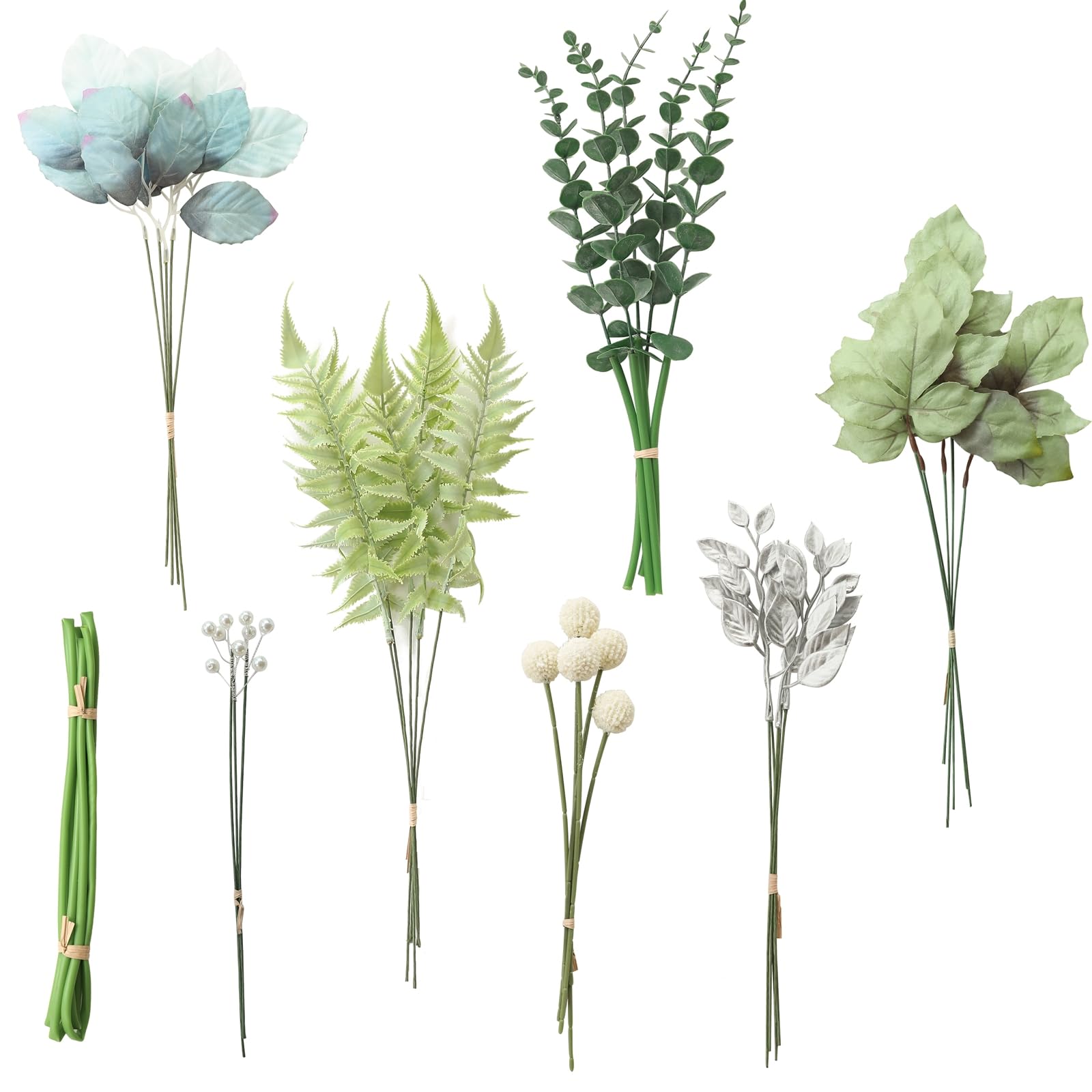 Photo 1 of Floroom Artificial Greenery Stems Box Set, 36pcs with 7 Kinds of Faux Greenery Flowers Picks for DIY Bridal Bouquets Wedding Floral Arrangement Table Centerpieces, Dusty Blue & Silver