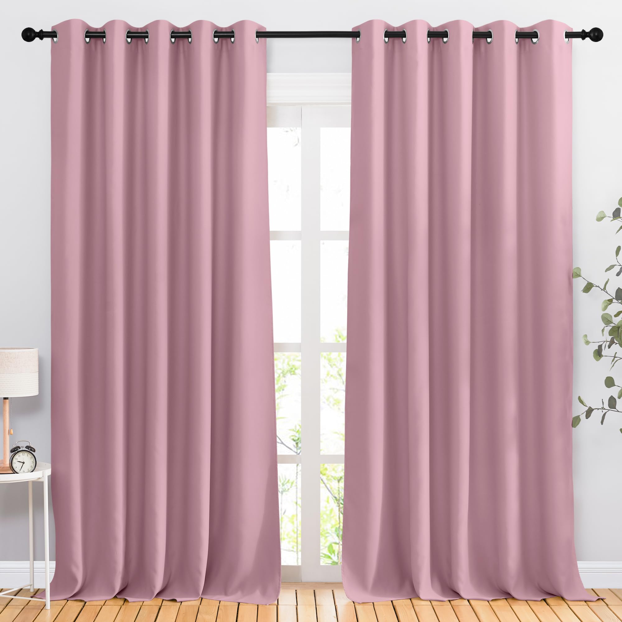 NICETOWN Blackout Room Divider Curtains 118 inches Long 2 Panels, Grommet Sliding Door Curtains Solid Window Treatments Sound Reducing for Living Room, W66 x L118, Crystal Pink Image