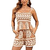 DUKAKII Women's Floral 2 Piece Summer Beach Set Boho Stretchy Straps Square Neck Ruffle Top Shorts with Pocket Set