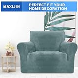 MAXIJIN Thick Velvet Chair Cover 1 Seater Dusty Blue Elastic Non Slip view 2