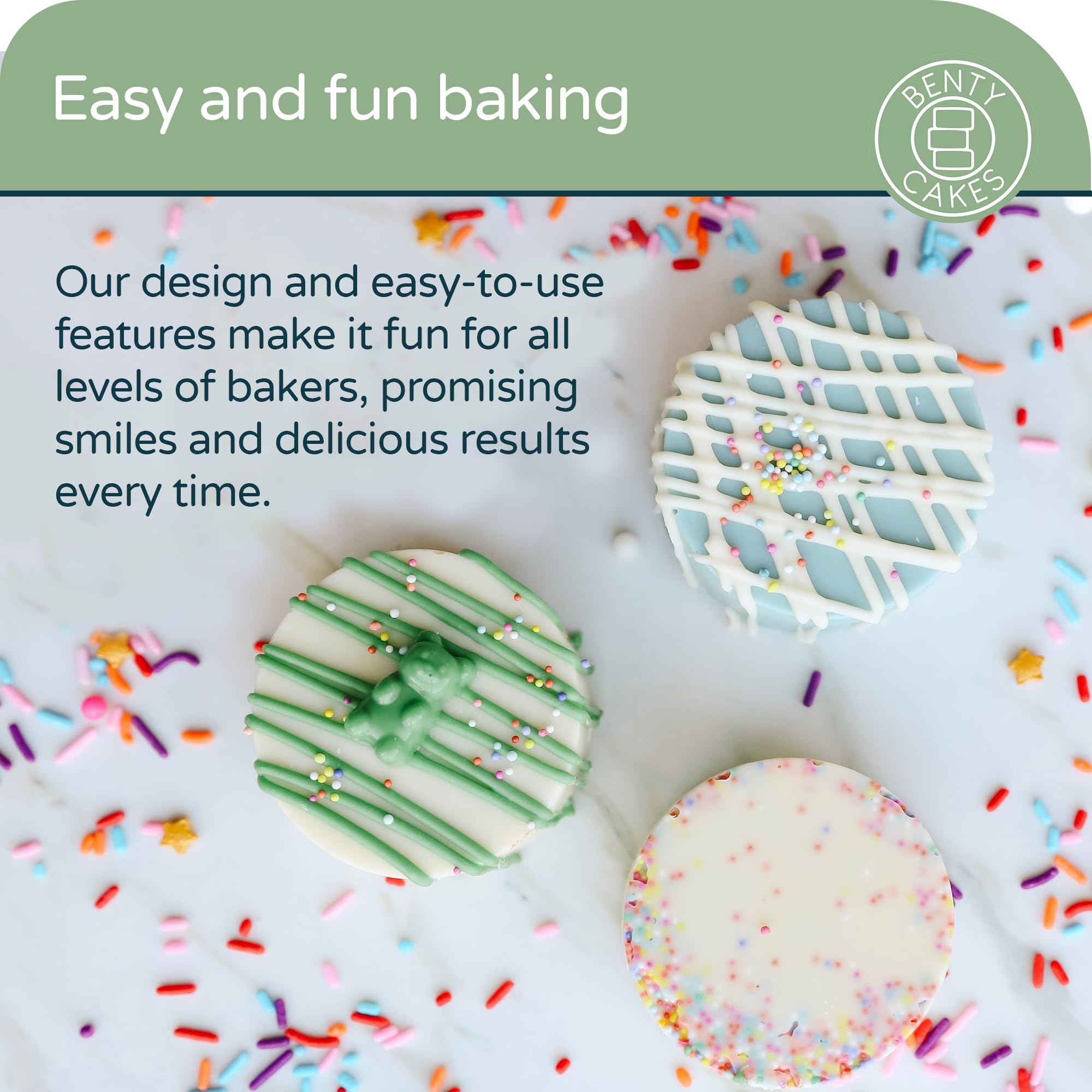 Benty Cakes – The Original CakePuck Baker Bundle – Better than a Cake Pop! Make Chocolate Covered Dessert – BPA Free Silicone – Includes 3 Mold Sets + 5 Trays + 6 Scrapers – Green