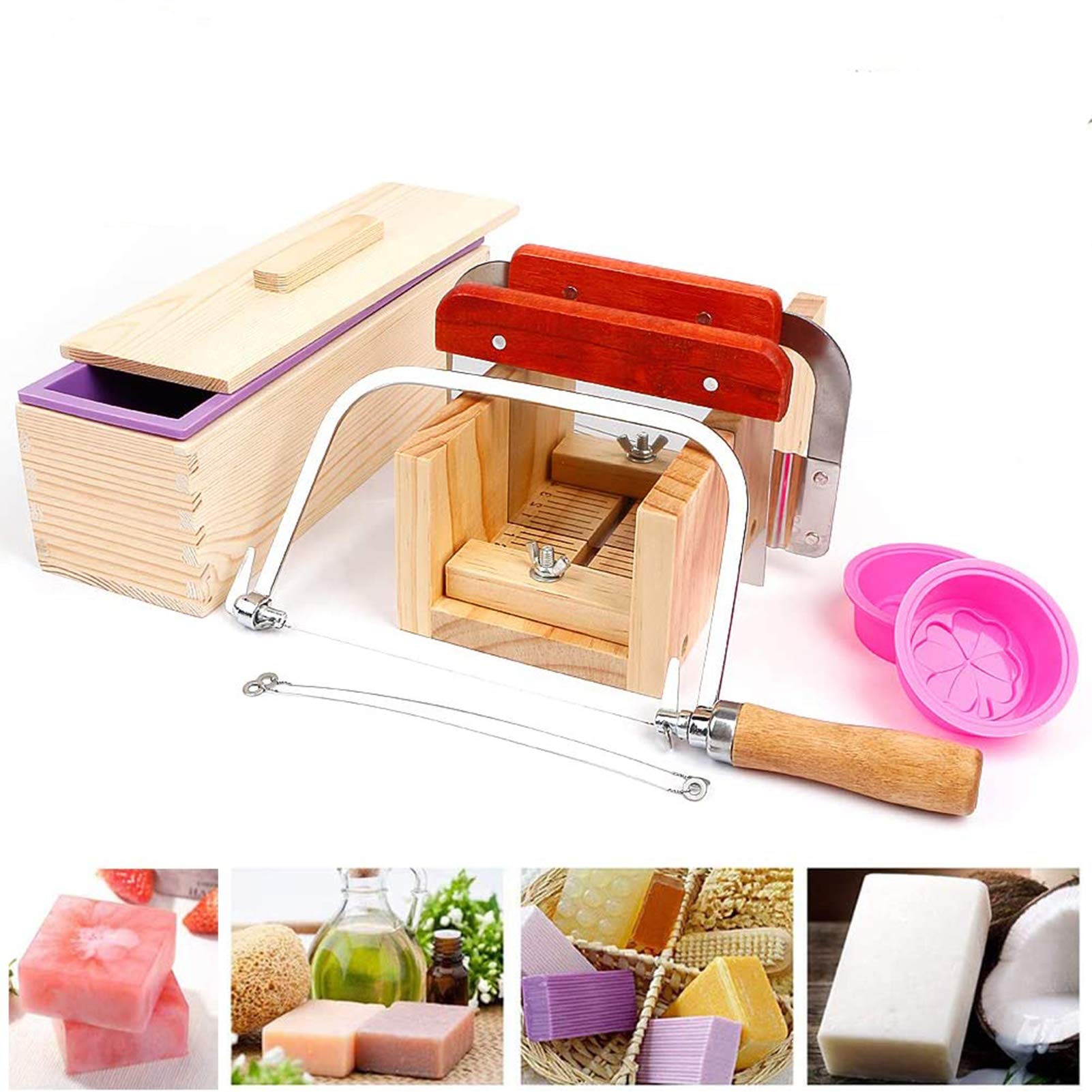 Rain Queen Adjustable Rectangular Wooden Soap Cutter,Handmade Soap Mold DIY Tools, Soap Cutter Box Slicer Set Including Soap Beveler Planer,with Lid Silicone Mould, Slicer Blade Soap Cutter