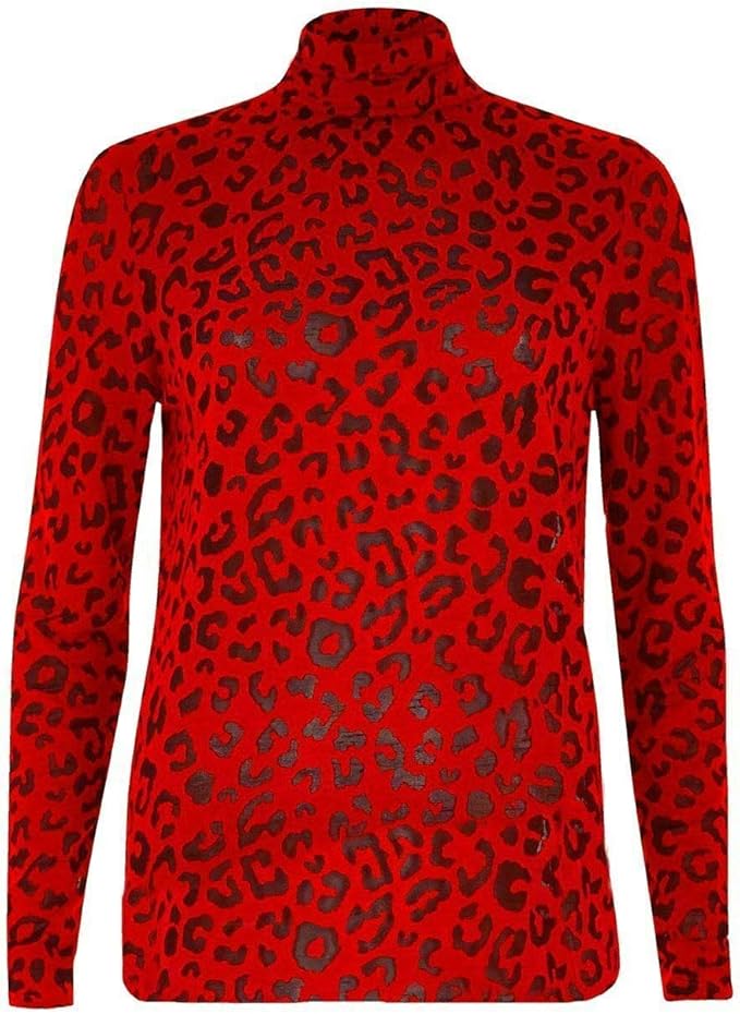 Ladies Long Sleeve Animal Printed Party Wear Top Women Polo Neck Red