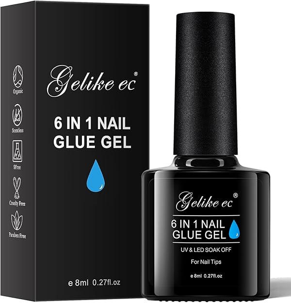 Gelike ec Nagelkleber Für Kunstnägel 6 in 1Clear Extra Stark Nail Glue Für Press On Nail Glue Gel For Nail Tips Nagelkleber Gel Für Fake Nails-Brauchen Ausharten Unter UV Nagellampe 8ML