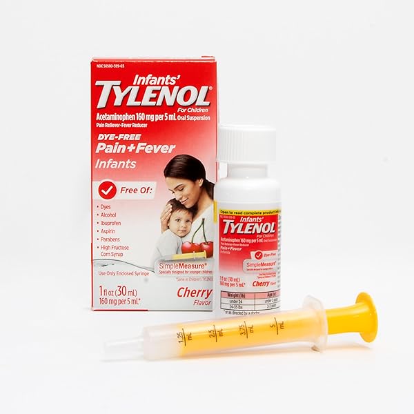 INFANTS’ TYLENOL ORAL SUSPENSION LIQUID MEDICINE WITH ACETAMINOPHEN, BABY FEVER REDUCER & PAIN RELIEVER FOR MINOR ACHES & PAINS, SORE THROAT, HEADACHE & TEETHING PAIN, DYE-FREE CHERRY, 1 FL. OZ