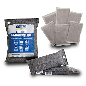 Gonzo Bamboo Charcoal (1 Medium X 250 Grams - 2 Small X 75 Grams - 6 Extra Small X 10 Grams) Air Purifying Bags Odor Eliminator for Home Drawers Gym Bag Pets