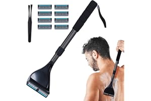 ETbyto Back Shaver for Men - Retractable Long Handle Back Hair and Body Shavers,Replaceable Multi-Layer Double Blades（8PCS）, Ergonomic DIY Wet or Dry Shaving Solution,Black