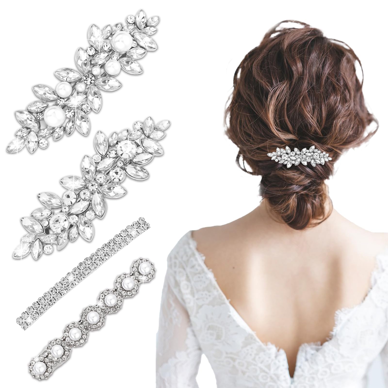 Photo 1 of ACO-UINT Rhinestone Hair Clips for Women Silver Leaf Flower Sparkly Crystal Hair Barrettes with Pearls Hair Accessories for Wedding Bridal, Prom, Party (4 Pack)