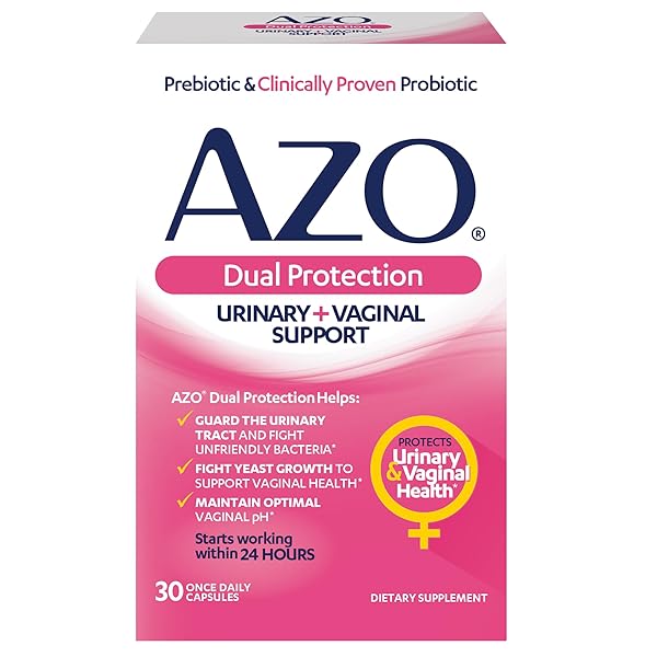 AZO DUAL PROTECTION, URINARY + VAGINAL SUPPORT, PREBIOTICS AND PROBIOTICS FOR WOMEN*, STARTS WORKING WITHIN 24 HOURS, NON-GMO, 30 COUNT