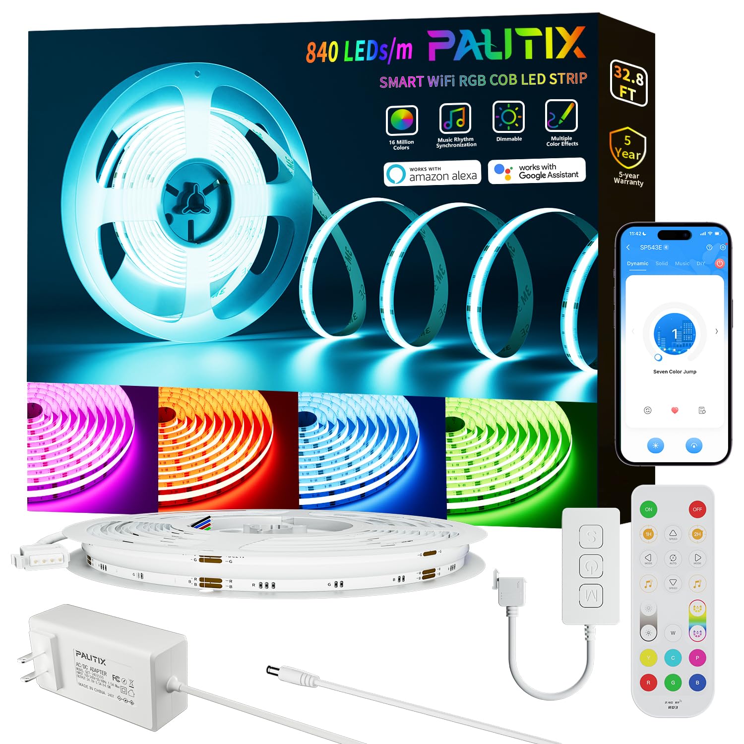 Photo 1 of PAUTIX RGB COB LED Strip Light 32.8ft/10m,UL Listed 840LEDs/m 24V Multicolor Flexible Tape Light,Work with Alexa/Google Assistant Color Changing LED Strip Light,for TV,Bedroom,Party DIY Decoration