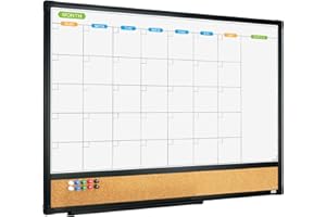 JILoffice Magnetic Calendar Whiteboard & Bulletin Corkboard Combination, Combo Board 24 x 18 Inch, Black Aluminum Frame Wall Mounted Board for Office Home and School with 10 Push Pins