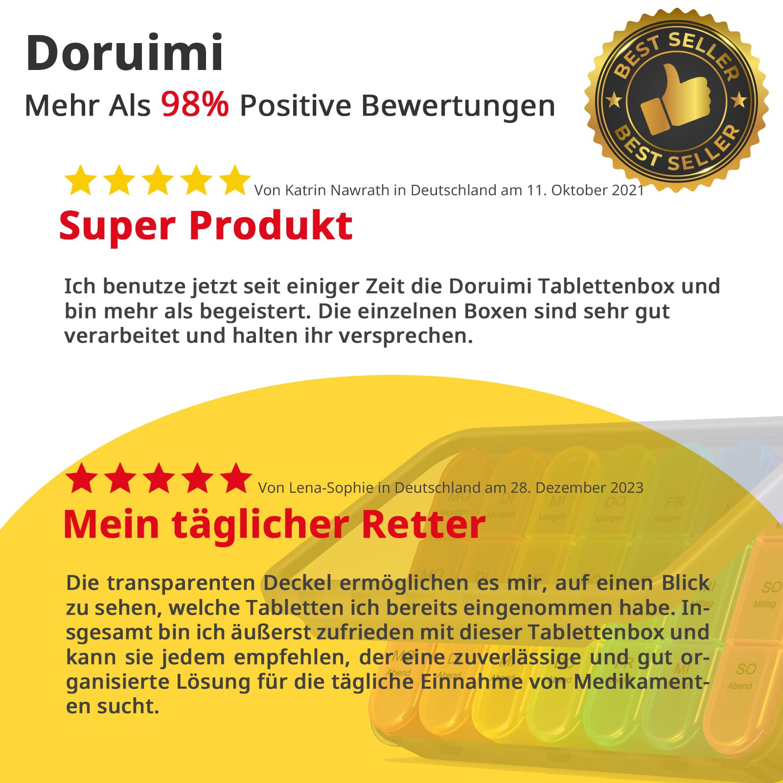 Doruimi Tablettenbox 7 Tage Morgens Mittags Abends, Medikamentenbox 7 Tage 3 fächer, Klein Pillendose Große Fächer - Schwarz 8