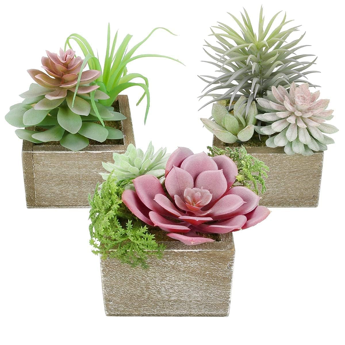 Mingfuxin Artificial Succulents Plants, Mini Assorted Green Faux Succulents in Pots, Small Succulents Plants Artificial with Wood Potted for Home Office Living Room Table Desk Plants Decor, Set of 3