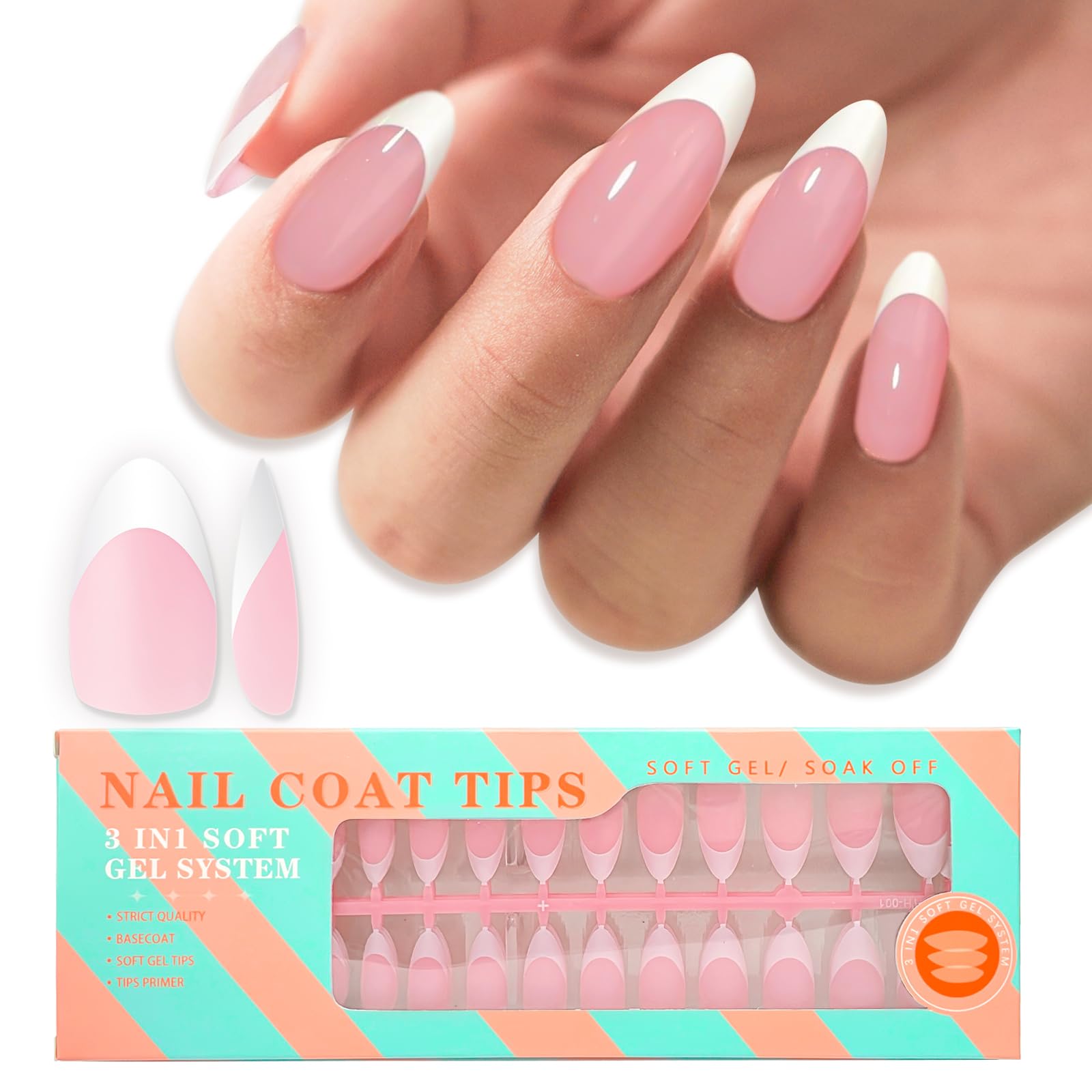 Medium Almond Gel Nail Tips - French Tips, Pink Soft Gel Fake Nails, 15 Sizes, 150Pcs, Pre-Primer, Base Coat, Color Gels, DIY Press On Nails for Nail Extension