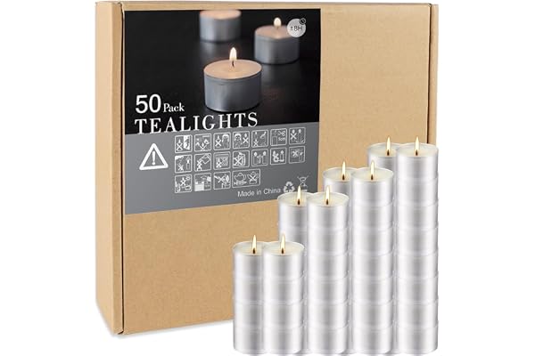 50-Pack Long-Lasting Tealight Candles (8 Hours Burn Time) – Unscented, Smokeless, Dripless White Votive Candles for Shabbat,