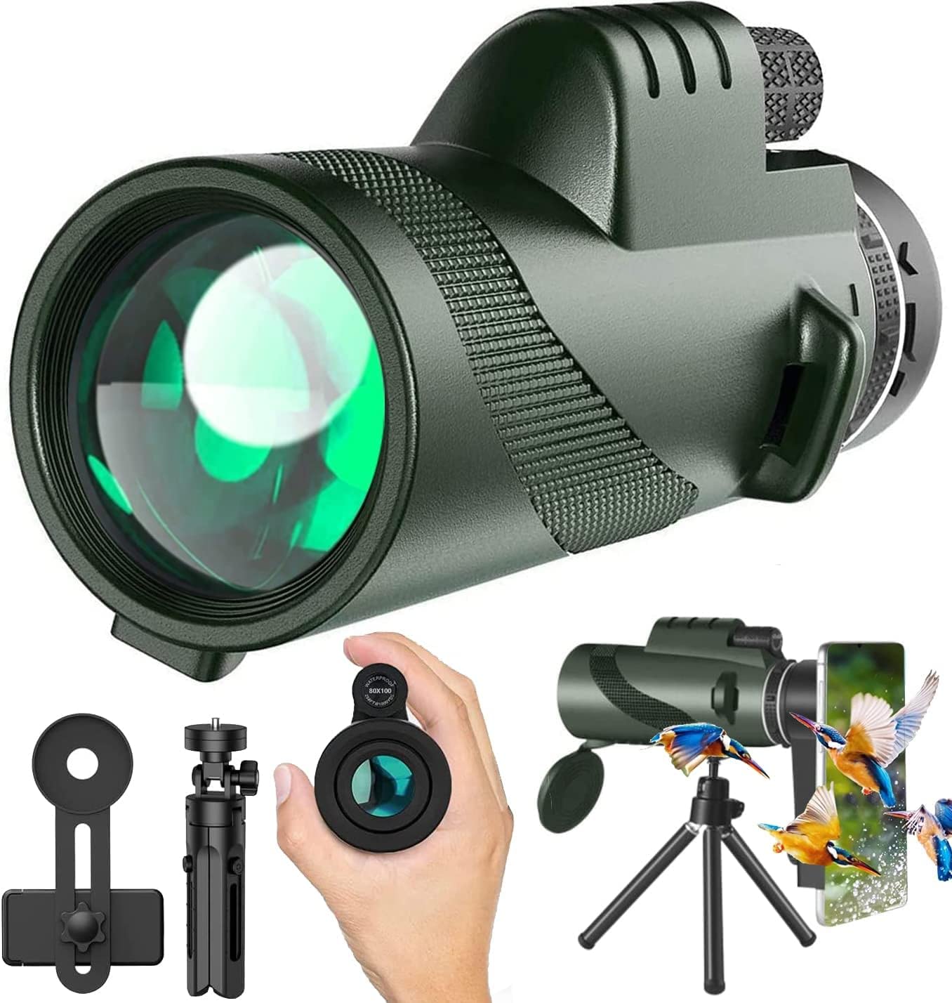 Photo 1 of Monocular-Telescope 80x100 High Powered Monoculars High Definition for Adults High Powered with Smartphone Adapter Telescope Hunting Wildlife Bird Watching Travel Camping Hiking-Dark Green