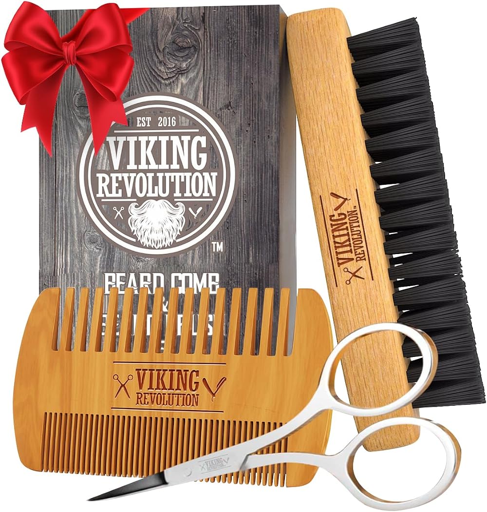 Viking Revolution Beard Brush & Pear Wood Comb Set with Travel Pouch
