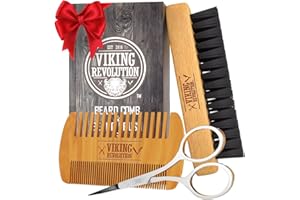 Viking Revolution Beard Comb & Beard Brush Set for Men -- Natural Boar Bristle Brush and Dual Action Pear Wood Comb w/Velvet Travel Pouch - Great for Grooming Beards and Mustaches
